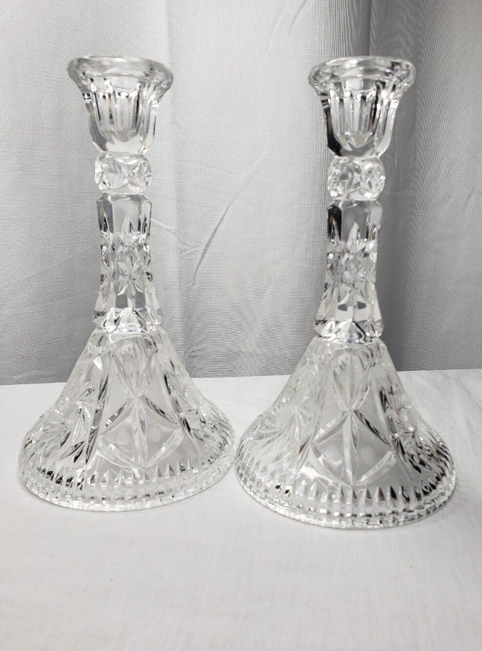 Vintage Tall Pressed Glass Candlestick Holders Etched Details